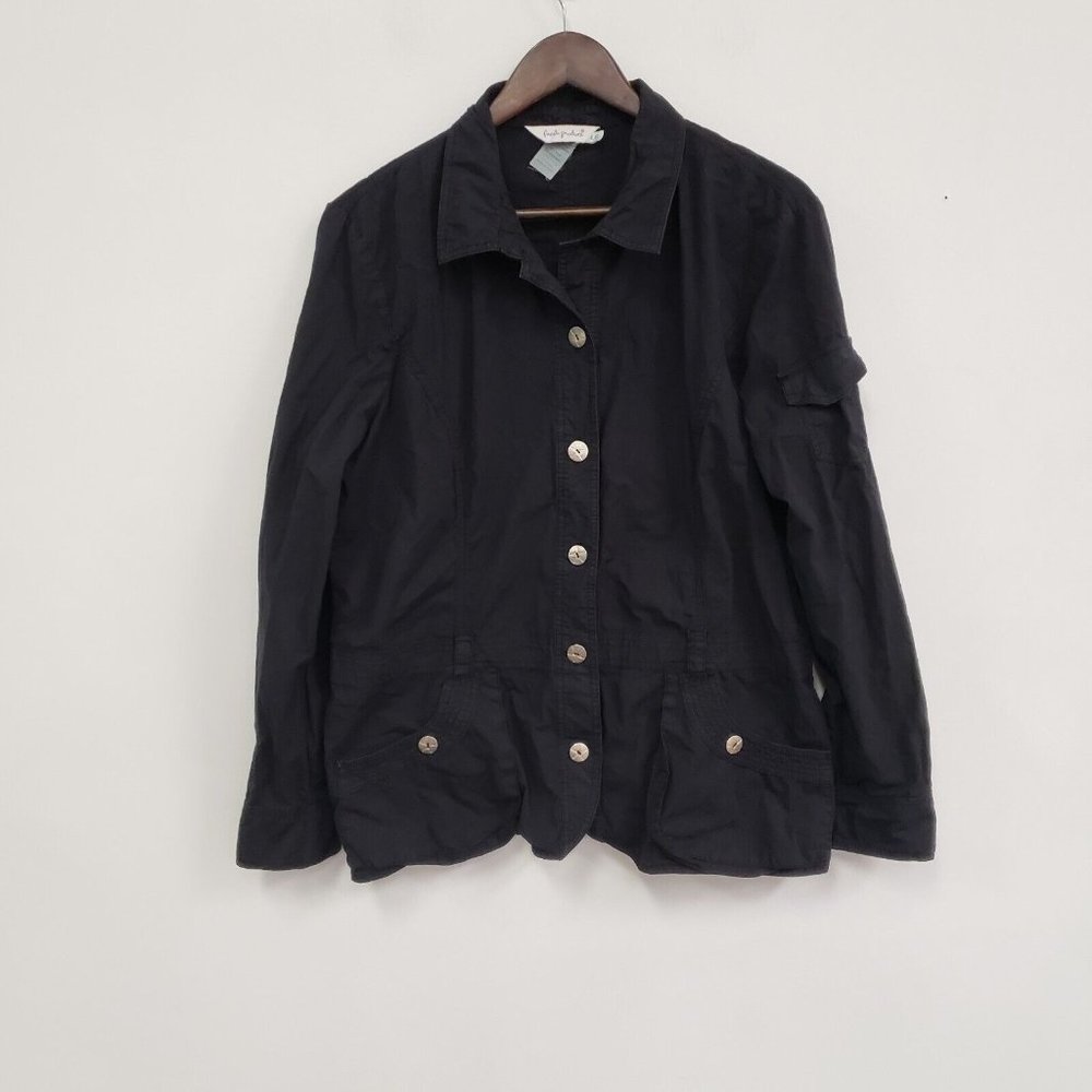 Fresh Produce Womens Black Button Up Shirt Size L Long Sleeve Pockets Breathable